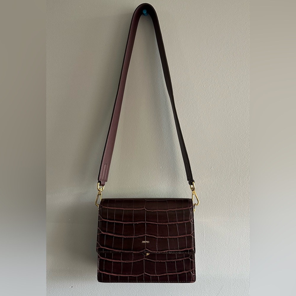 JW PEI Deep Burgundy Croc-Embossed Crossbody Bag with Gold Hardware